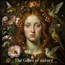 A beautiful detailed existential horror portrait painting 'The Godes of nature' by Giuseppe Arcimboldo, flowers bees and birds everywhere, Trending on cgsociety artstation, highly detailed, 8k, masterpiece, in the style of DiscoDiffusion.