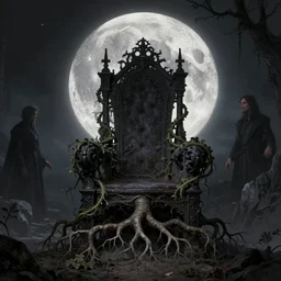 a beautiful digital illustration painting of a detailed gothic fantasy full moon and roots, throne chair and vines by giorgio de chirico, and david rios ferreira. 8 k resolution trending on artstation concept art digital illustration