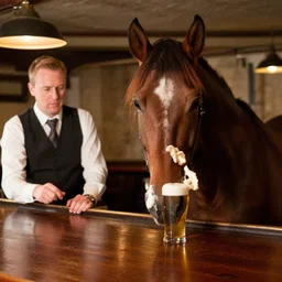 a horse sitting in a bar drinking a pint with a barman