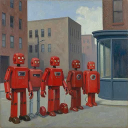red robots queue up in a drab brutalist town, street elevation, grant wood, pj crook, edward hopper, oil on canvas