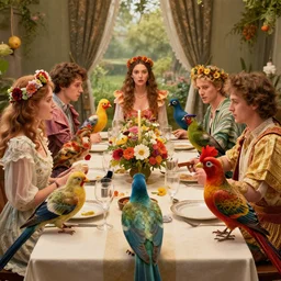 a table dinner of exotic birds where birds are dressed like the characters from the midsommar movie wearing flowers, realistic detailed digital art by maxwell boas jessica rossier christian dimitrov anton fadeev trending on artstation cgsociety rendered in unreal engine 4 k hq