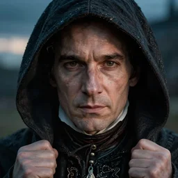 close macroshot detail portrait John Cusack as 18 century warlock in caped cloak as mantle, male, elegant,  digital fantasy art, hands straight down, insane,  under light, at late evening by greg rutkowski and thomas kinkade, Trending on artstation