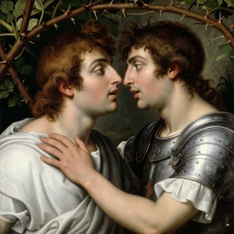 renaissance painting of two male  lovers in the garden, closeup, interest face, emotions closeup, dressed in roman Armour, white robes, the beautiful garden with thorn branches everywhere, ultra detailed, art by Guido Reni style, Vincenzo Catena style