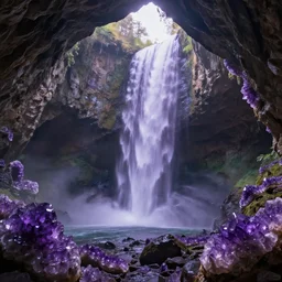 a mystical waterfall cave with amethysts, lilac sunrays, highly detailed matte painting, 8 k