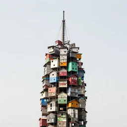 huge towers made up of colourful stacked squatter shacks and makeshift brutalist shelters, suspension, mamiya, f 1. 7, uniform plain sky, fine details, minimalist, photographed by frans lanting