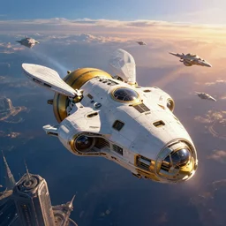 bee shaped space ship entering atmosphere, art by nick hiatt and zhu wenzhe, scifi, fleet of space ships, metropolis, coruscant, cinematic, white, gold, blue, futuristic, sunset, illustration, mysterious, artstation, highly detailed