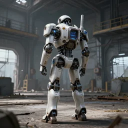 A futuristic robot soldier standing in an abandoned industrial factory, long shot from back, high quality digital art, ArtStation