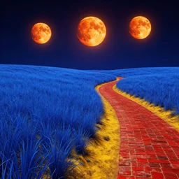 neon landscape with blue field grass, yellow dirt, a red brick road, and three orange moons. volumetric lighting, extremely detailed, sharp, photorealistic