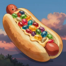 a beautiful painting of hot dog filled with jellybeans by studio ghibli, gigantic, octane render, brilliantly coloured, intricate, ultra wide angle, trending on artstation, dusk, volumetric lighting, polished, micro details, ray tracing, 8k
