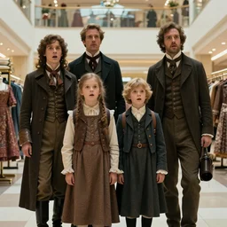 sharp, highly detailed, 4096k film, 3500mm frame from a sci fi blockbuster color movie made in 2019, a family of four time travelers from 1860 travel in time to 2019, appearing in a shopping mall, looking surprised, the family are all wearing 1860s era clothes, cinematic lighting, in focus, cinematic still, professional high quality scan, in focus, 700mm f/1.4L lens