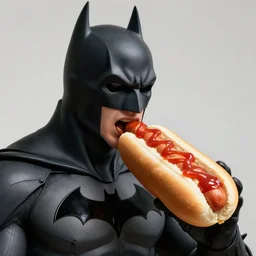 batman eating hot dog with a lot of ketchup hyper realistic