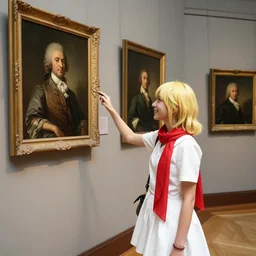a teen museum curator with light yellow hair, cheerful, white modern fashion dress, red scarf, ribbons, is ( ( looking at portraits on a wall ) ). light dust, magnificent, hyperdetailed, theatrical, painted by jean honore fragonard