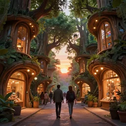 two friends walking down narrow crowded street between futuristic organic giant wooden tree shopfronts, sunset, organic bioluminescent street lights, forest canopy understory, cinematic lighting, octane render, 3 d pixar disney digital cgi rtx hdr painting, highly detailed, artstation cgsociety masterpiece, ridley scott, syd mead