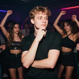 photo of a 4 0 year old white man living thinking he's living the best life possible. he looks young for his age. he is at a dance club, it's as if he were in a music video. young woman can be seen dancing around him in a seductive manner.