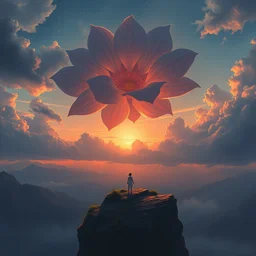 giant flower over head, girl standing on cliff, surreal photography, sunset, stars, dramatic light, impressionist painting, storm clouds, digital painting, artstation, simon stalenhag
