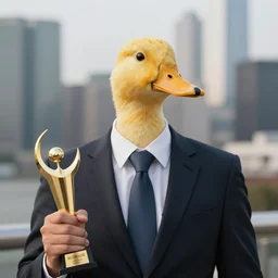 portrait photograph of a businessman with a duck head, award winning, realistic, out of focus cityscape in background