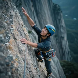 a young climber about to reach the top of a mountain, positive, energetic, enthusiasm, detailed, cinematic, dramatic lighting, by ren hang