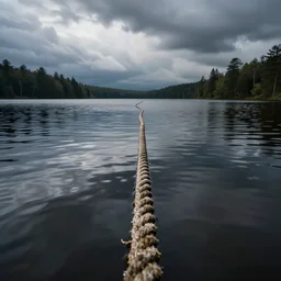 symmetrical photograph of an infinitely long rope submerged on the surface of the water, the rope is snaking from the foreground towards the center of the lake, a dark lake on a cloudy day, trees in the background, moody scene, anamorphic lens
