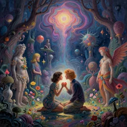 a psychedelic realm hidden away in a pocket of ethereal knowledge | astral beings sharing love greg rutkowski wlop lisa frank bob ross | ruan jia | illustration