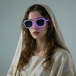 A beautiful portrait of Maria the mother of jesus, neon sunglasses!, cyberpunk, photorealistic, detailed, soft light, Masamune Shirow, Andrzej Marszalek, irwin penn, 8k, high definition, cinematic shot, artstation