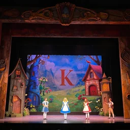photo of a huge theaterstage, play is alice in wonderland, 3 actors on stage, 8 k, multicolored, exaggerated detailed, long shot