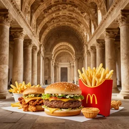 Beautiful Promotional  Photograph of the inside of an ancient Roman McDonalds, food photography,  wideshot,longshot,fullshot.