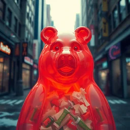 portrait of haribo bear in future city, color and shape focus, cnetral composition, natural light, bloom, puff, by simon stalenhag and rene magritte and anton fadee