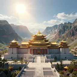 a scene concept design depicting a palace in the changbai mountains under the shining sun, magnificent atmosphere ， super wide angle ， matte painting ， rtx on ， by huang guangjian and fenghua zhong ， trending on cgsociety and artstation, unreal engine ， volumetric light ，