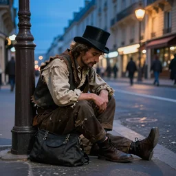 a ragged clothed man begging on a street in early 2 0 th century paris. he has a top hat. street lights. evening. warm atmosphere. epic scene. blue vivid colours. 4 k, hyperdetailed. realism, itemsby d'edouard cortes, by gustave courbet, by jean - francois millet, by honore daumier, by jean - baptiste - camille corot, by adolph von menzel, by thomas cowperthwait eakins, by ilya repin, by jean - francois millet, by andrew newell wyeth, by rosa bonheur, by edward hopper
