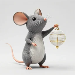 a statue of a proud mouse standing on two legs and holding a round bell made with white and gold wire, trending on artstation
