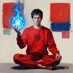 shaman chakra telekinesis red artificer Dr. Manhattan wearing crimson sweatshirt brandishes a blue fire orb levitating meditation norman ackroyd jim lambie greg rutkowski rothko tombow