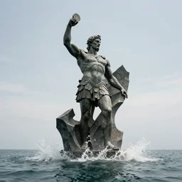 a giant abstract sculpture of a legendary greek warrior god on the water, in the style of robert gober, award winning, cinematic, hyper - realistic, very detailed, realistic water splashes, ray tracing, 8 k resolution, long - shot, sharp focus, low angle, 8 5 mm photograph, wide lens