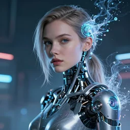 portrait of a cyberpunk beautiful young woman by Greg Rutkowski, biomechanical, highly detailed portrait, Blade Runner background, futuristic,digital engine, luminous, vapor