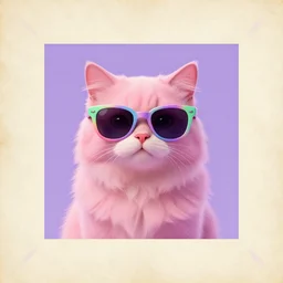 portrait of a cute fluffy pink cat wearing large sunglasses + colorful, centre image, clean borders, + symmetry + symmetrical + cyberpunk, parchment texture background + muted pastel colors + lilac color, violet color, pastel purple color, pastel green color + octane render + fantasy + magical + style of alan lee + symbol