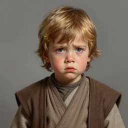 star wars portrait of a kid by greg rutkowski, young luke sywalker, he is about 1 3 years old, sad and scared expression, wearing robes, highly detailed portrait, scifi, digital painting, artstation, concept art, smooth, sharp foccus ilustration, artstation hq.