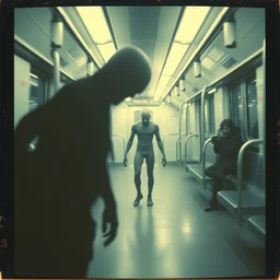 ominous polaroid photo of scary entity cryptid designed by greg rutkowski, gantz, wayne barlowe inside toronto subway train
