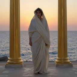 A woman wrapped in billowing veils in the sea under two gilded Roman column, sunset, by john singer sargent