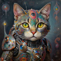 highly detailed portrait of a cat shaped psychedelic dmt mecha, painting by gaston bussiere, craig mullins, j. c. leyendecker, lights, art by ernst haeckel, john william godward, hammershøi, alex grey
