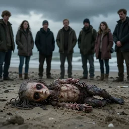 a creepy creature washed up on the beach. the faces of the onlookers look uneasy..