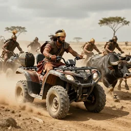 photorealistic high speed photo ancient indian tribesman hunting on atv, chase of buffalo herd ,attacking, action scene, an epic fantasy, dramatic lighting, cinematic, establishing shot, extremely high detail, photorealistic, cinematic lighting, artstation, octane render, by simon stalenhag, horizon forbidden west,old photo, high speed photography, vintage, mad max
