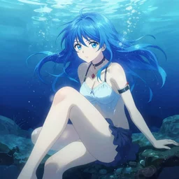 a woman with blue hair sitting underwater, a beautiful anime drawing by yuumei, featured on pixiv, rayonism, pixiv, seapunk, anime, detailed