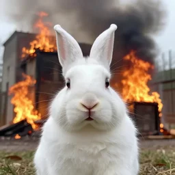 a selfie of a white Bunny while a building is burning behind