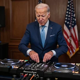 Biden DJing with DJ turntables, photoreal