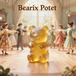 a Beatrix potter illustration of gummy bears on a dance floor