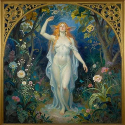 ocean spirit lost in a garden. this rococo and art noveau painting by the award - winning artist has dramatic lighting, an interesting color scheme.