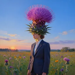 portrait, an enormous thistle flower under the head, a girl in a suit in a field of flowers, surreal photography, sunrise, blue sky, dramatic light, impressionist painting, digital painting, artstation, simon stalenhag