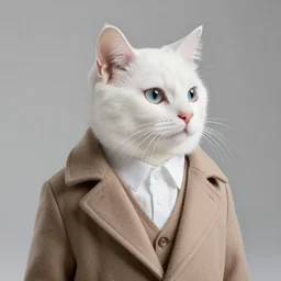 a white cat wearing a formal overcoat, hyperrealistic, concept art, octane render, unreal engine 5, trending on DeviantArt, highly detailed, high quality, 8K, soft lighting, cute, studio background, studio lighting, realistic face, trending on Artstation, elegant clothes, profile picture