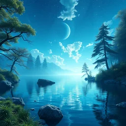 wonderland, highly detailed, 8 k, hdr, award - winning, octane render, artstation, volumetric lighting, anime wallpaper, pop art color, saturated blue mood, lake by the side - w 1 0 2 4