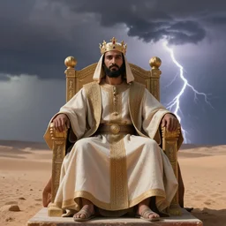 a man with a crown on his head, dressed in a robe, sitting on a throne, in the desert, in the background a thunderstorm, hyperrealistic, 8 k, hyperdetalied,