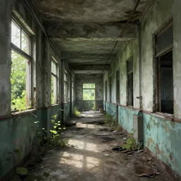 a beautiful hyperdetailed anime illustration of urbex city abandoned hospital corridor nature by denis sarazhin, hyperrealism, archdaily, wallpaper, highly detailed, trending on artstation.